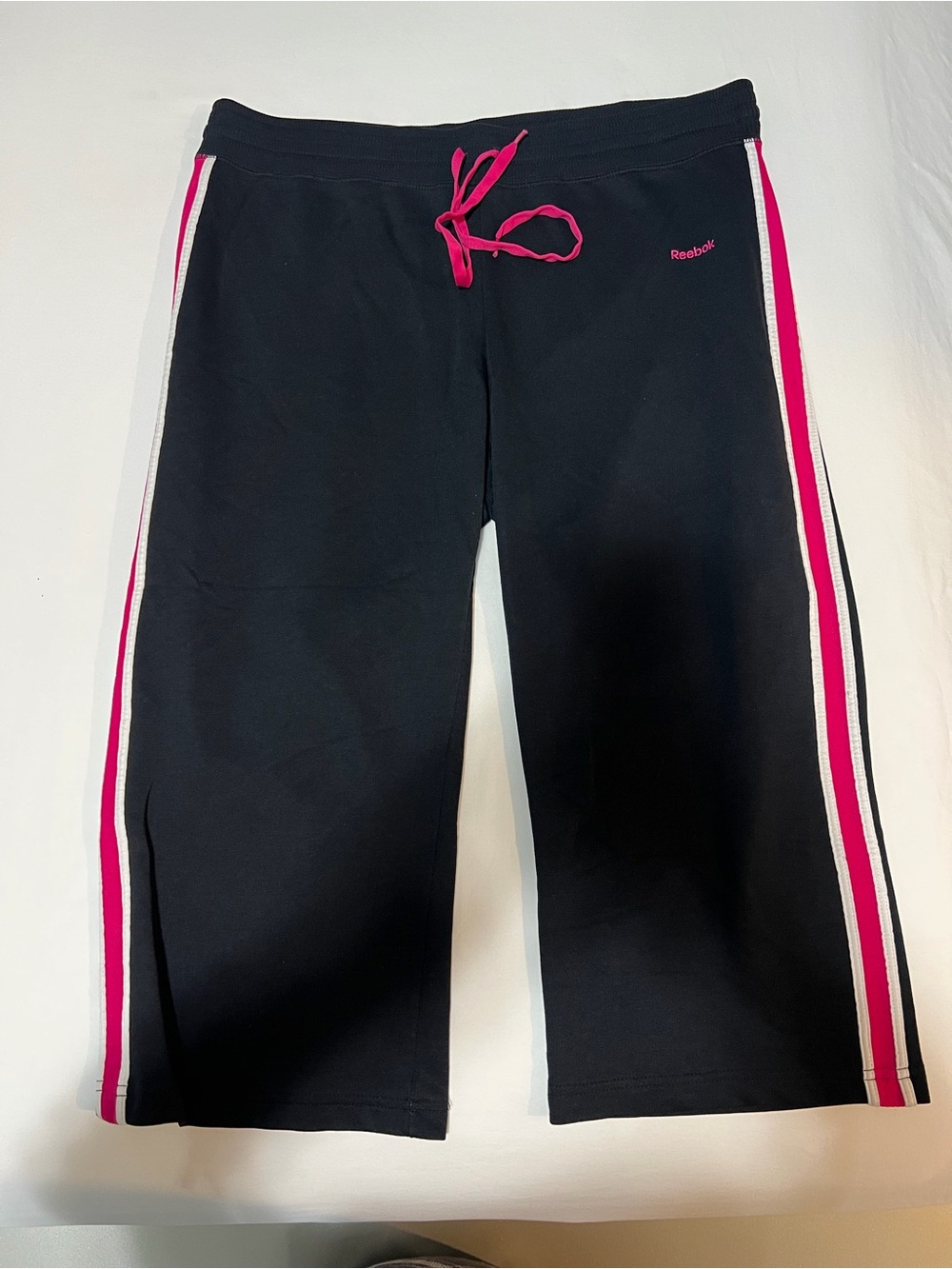 Reebok Black Capri Sweatpants with Pink & White Side Stripes
